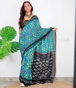 Turquoise Cotton Printed Saree With Blouse