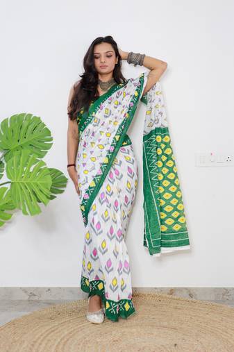 White Cotton Printed Saree With Blouse