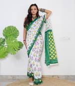 White Cotton Printed Saree With Blouse