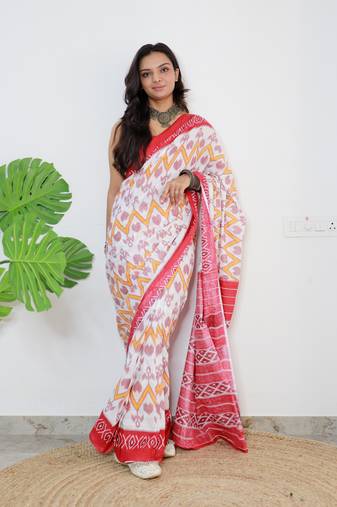 White Cotton Printed Saree With Blouse