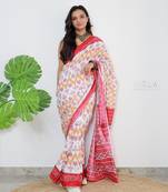 White Cotton Printed Saree With Blouse