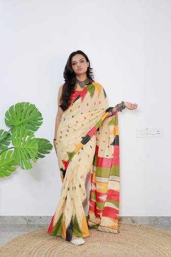 Beige Cotton Printed Saree With Blouse