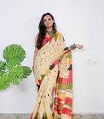 Beige Cotton Printed Saree With Blouse