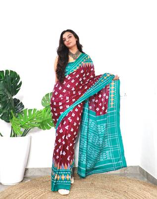 Wine Cotton Printed Saree With Blouse 1