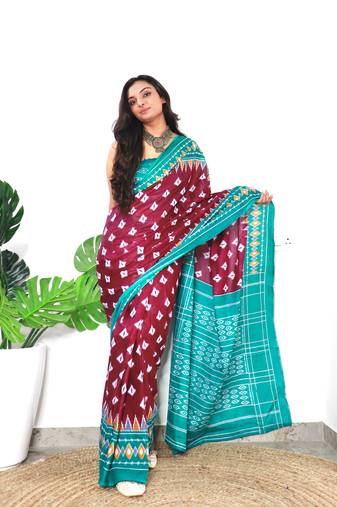Wine Cotton Printed Saree With Blouse