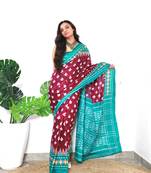 Wine Cotton Printed Saree With Blouse