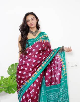 Wine Cotton Printed Saree With Blouse 2