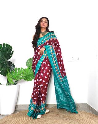 Wine Cotton Printed Saree With Blouse 3