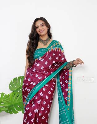 Wine Cotton Printed Saree With Blouse 4