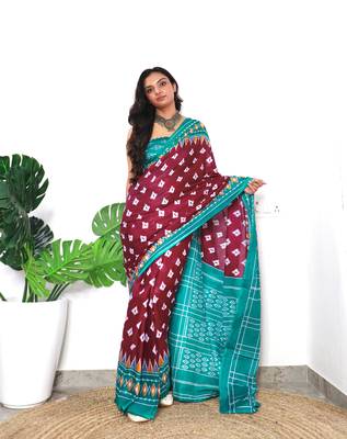 Wine Cotton Printed Saree With Blouse 5