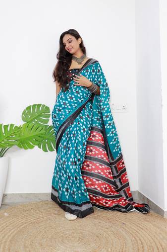 Turquoise Cotton Printed Saree With Blouse