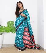 Turquoise Cotton Printed Saree With Blouse