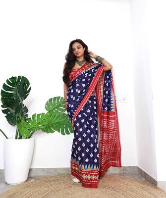 Navy Blue Cotton Printed Saree With Blouse 1