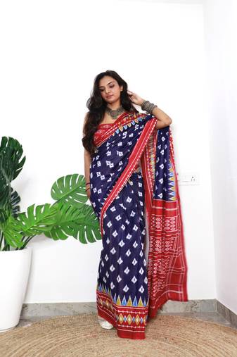 Navy Blue Cotton Printed Saree With Blouse