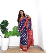 Navy Blue Cotton Printed Saree With Blouse