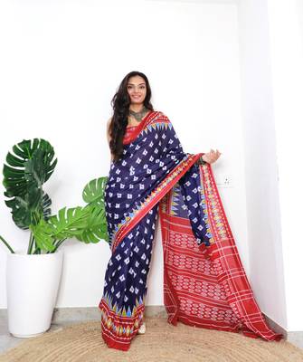 Navy Blue Cotton Printed Saree With Blouse 2