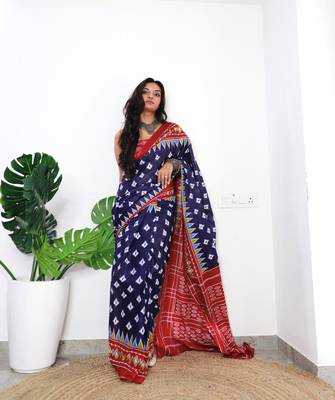 Navy Blue Cotton Printed Saree With Blouse 3