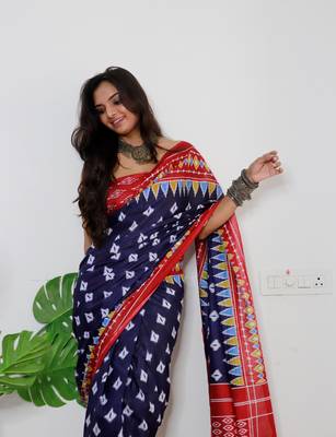 Navy Blue Cotton Printed Saree With Blouse 5