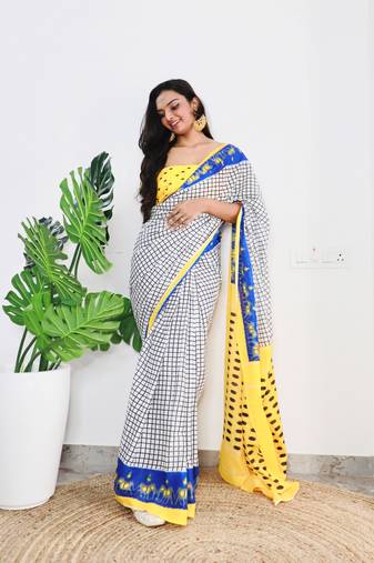 White Cotton Printed Saree With Blouse