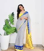 White Cotton Printed Saree With Blouse