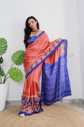 Peach Cotton Printed Saree With Blouse