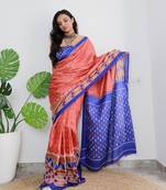 Peach Cotton Printed Saree With Blouse