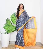 Grey Cotton Printed Saree With Blouse