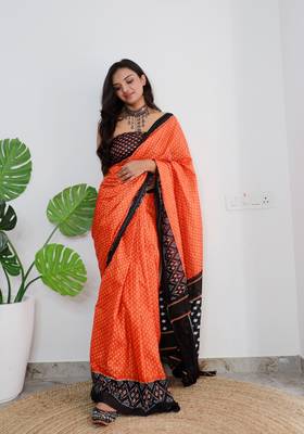 Orange Cotton Printed Saree With Blouse 1