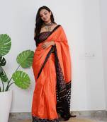Orange Cotton Printed Saree With Blouse