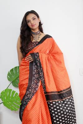 Orange Cotton Printed Saree With Blouse 2