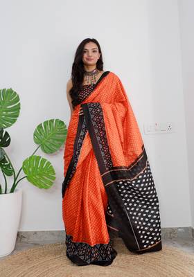 Orange Cotton Printed Saree With Blouse 3