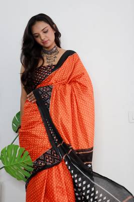 Orange Cotton Printed Saree With Blouse 4