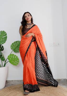 Orange Cotton Printed Saree With Blouse 5