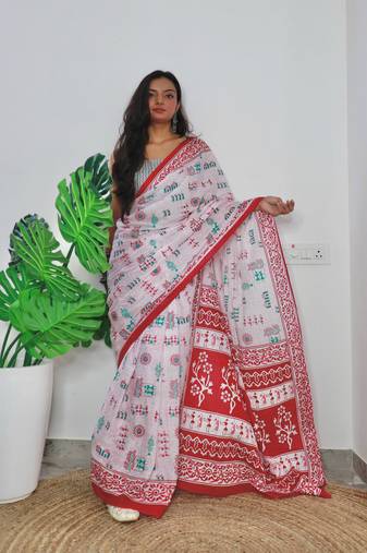 White Cotton Printed Saree With Blouse
