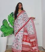 White Cotton Printed Saree With Blouse