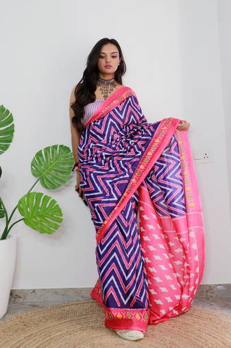 Purple Cotton Printed Saree With Blouse