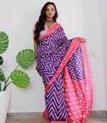 Purple Cotton Printed Saree With Blouse