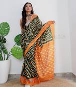 Green Cotton Printed Saree With Blouse