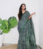 Green Cotton Printed Saree With Blouse