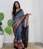 Grey Cotton Printed Saree With Blouse