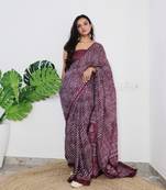 Wine Cotton Printed Saree With Blouse