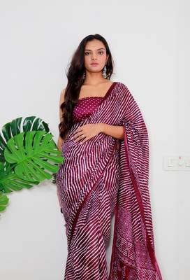 Wine Cotton Printed Saree With Blouse 4
