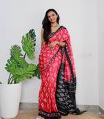 Red Cotton Printed Saree With Blouse