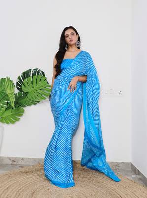 Blue Cotton Printed Saree With Blouse 1