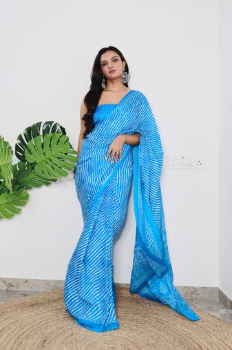 Blue Cotton Printed Saree With Blouse