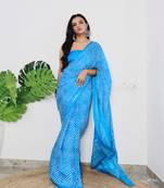 Blue Cotton Printed Saree With Blouse