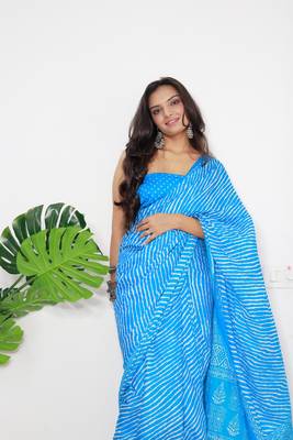 Blue Cotton Printed Saree With Blouse 2