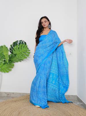 Blue Cotton Printed Saree With Blouse 3