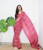 Red Cotton Printed Saree With Blouse