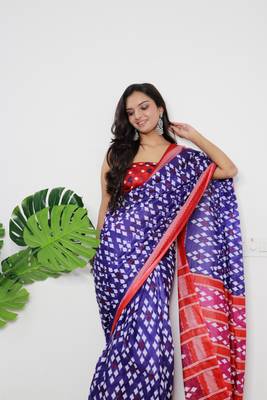Purple Cotton Printed Saree With Blouse 1
